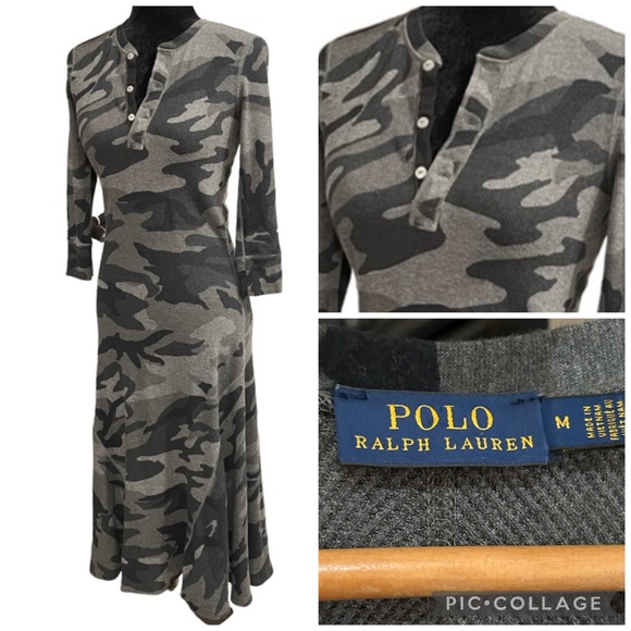 Polo Ralph Lauren Dresses & Skirts - Polo Ralph Lauren Camo Maxi Dress Gray Henley Waffle Knit Medium 3/4 Sleeve